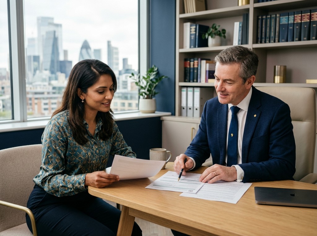 Farley & Associates consultation — advisers reviewing documents together in a modern office